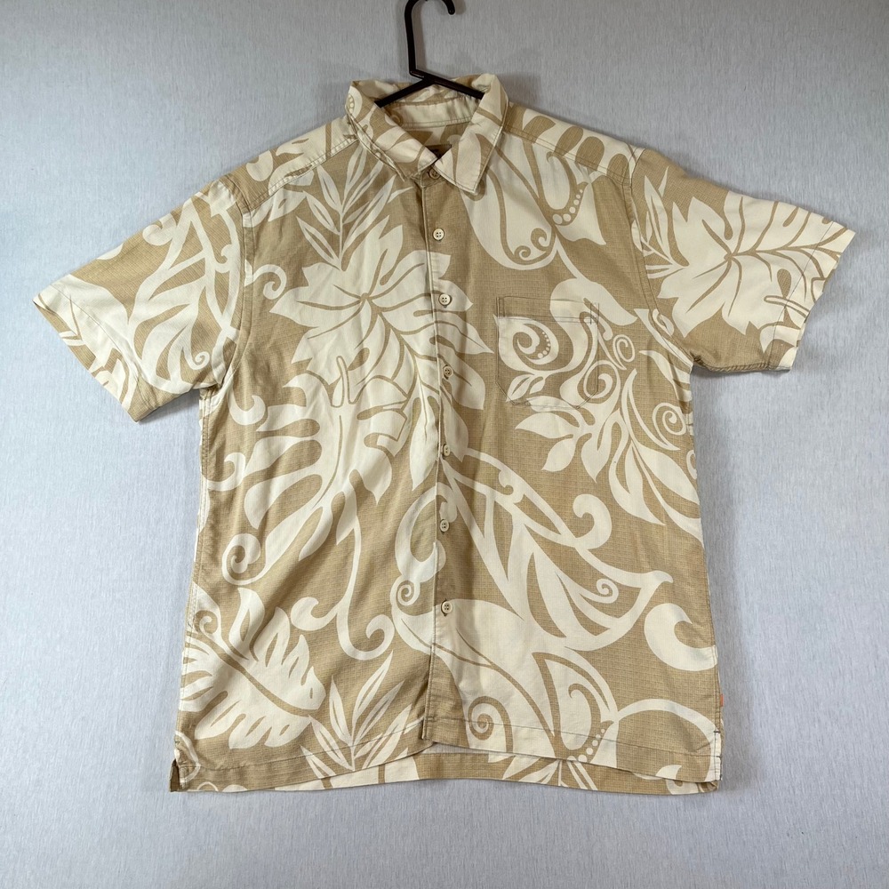 Quiksilver Waterman Collection Shirt Mens Large Tan Tropical Leaf Button Down